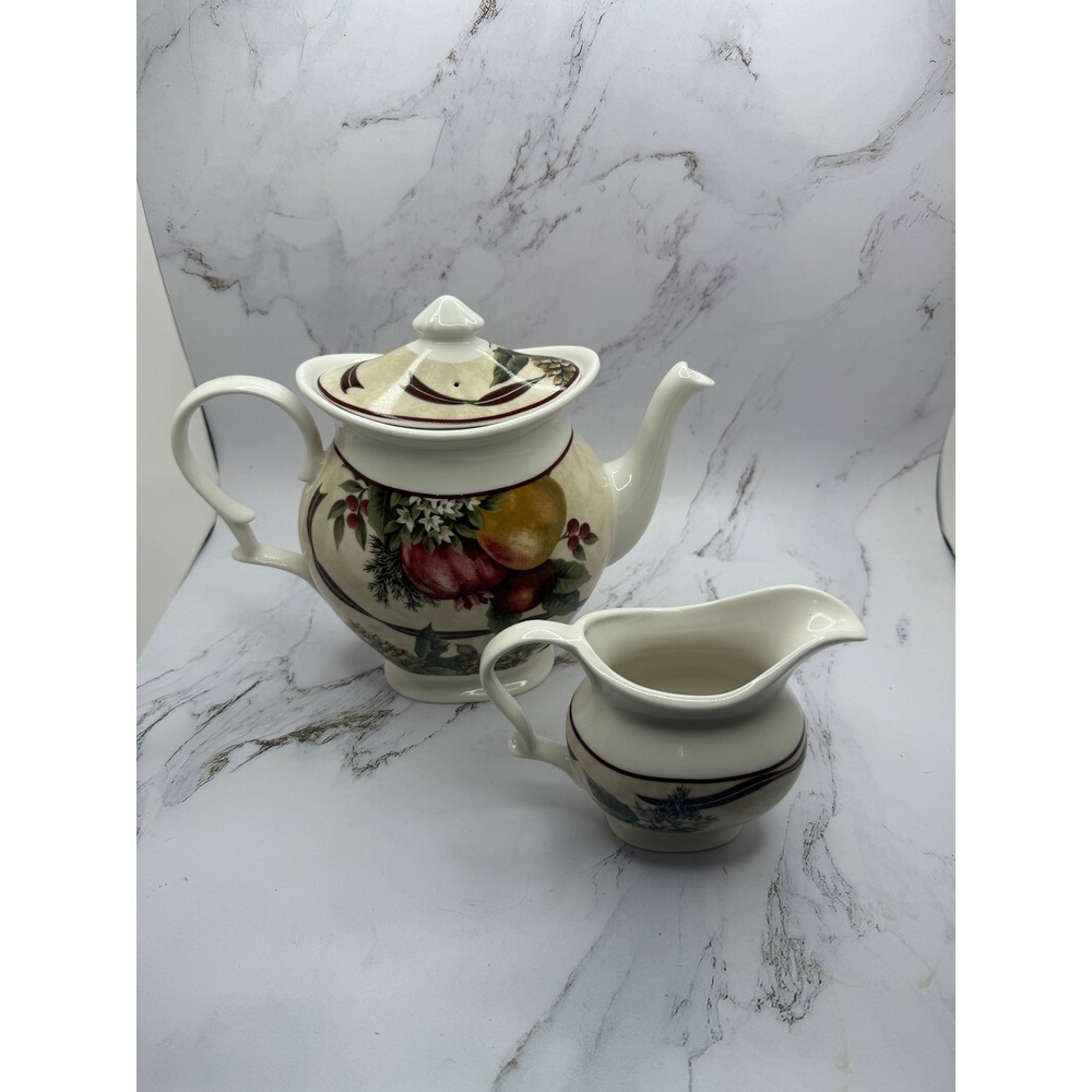222 Fifth Yuletide Celebration Teapot and Creamer Set Fine China Holiday Fruit